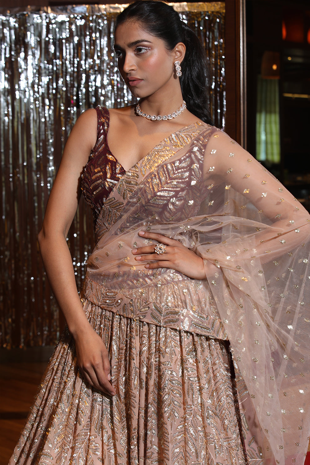Beige and Wine Ombre Color Georgette Lehenga