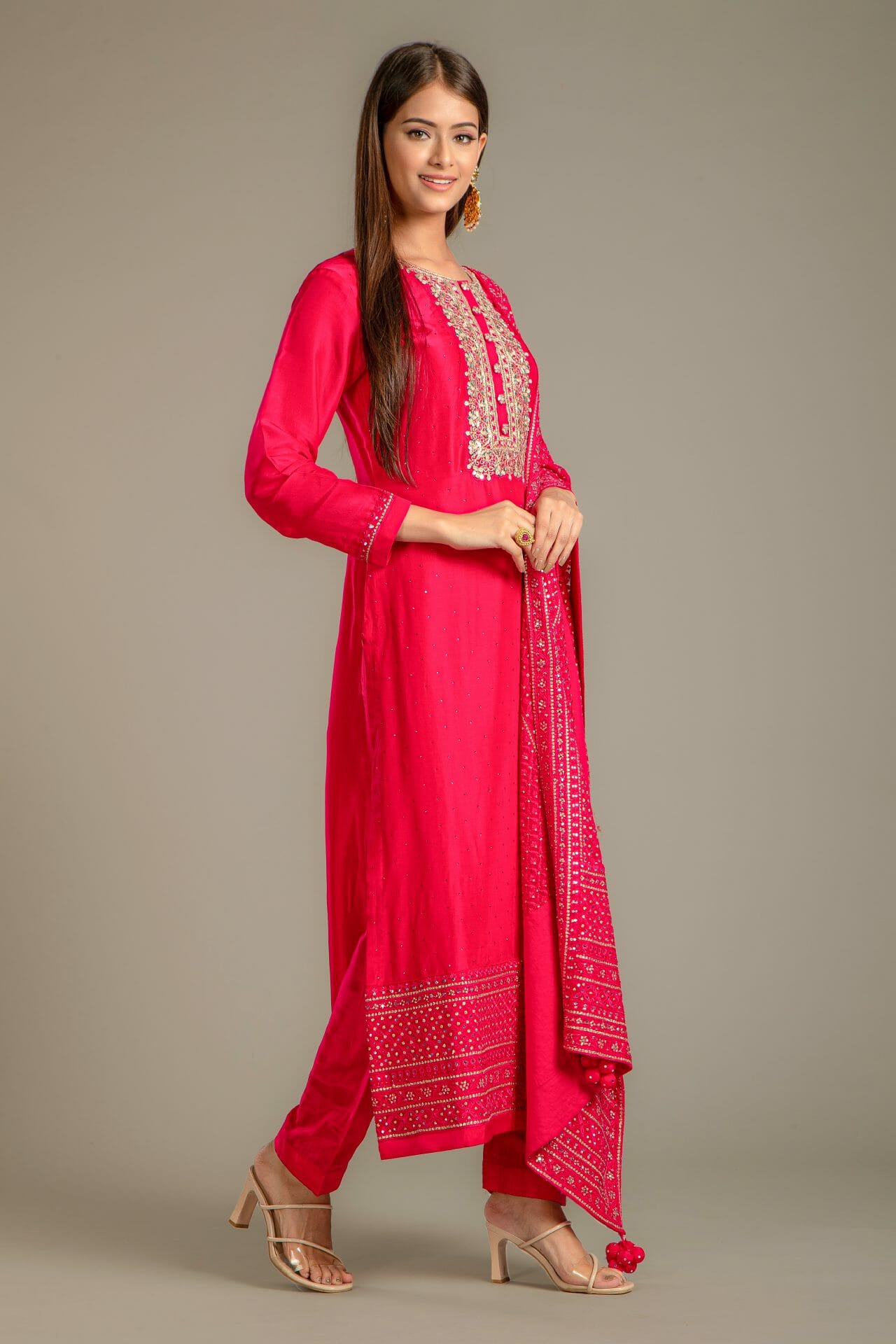 Cherry Red Embroidered Silk Suit With an Unstitched Salwar Fabric