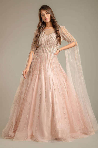 Baby Pink Flared Sleeves Net Gown