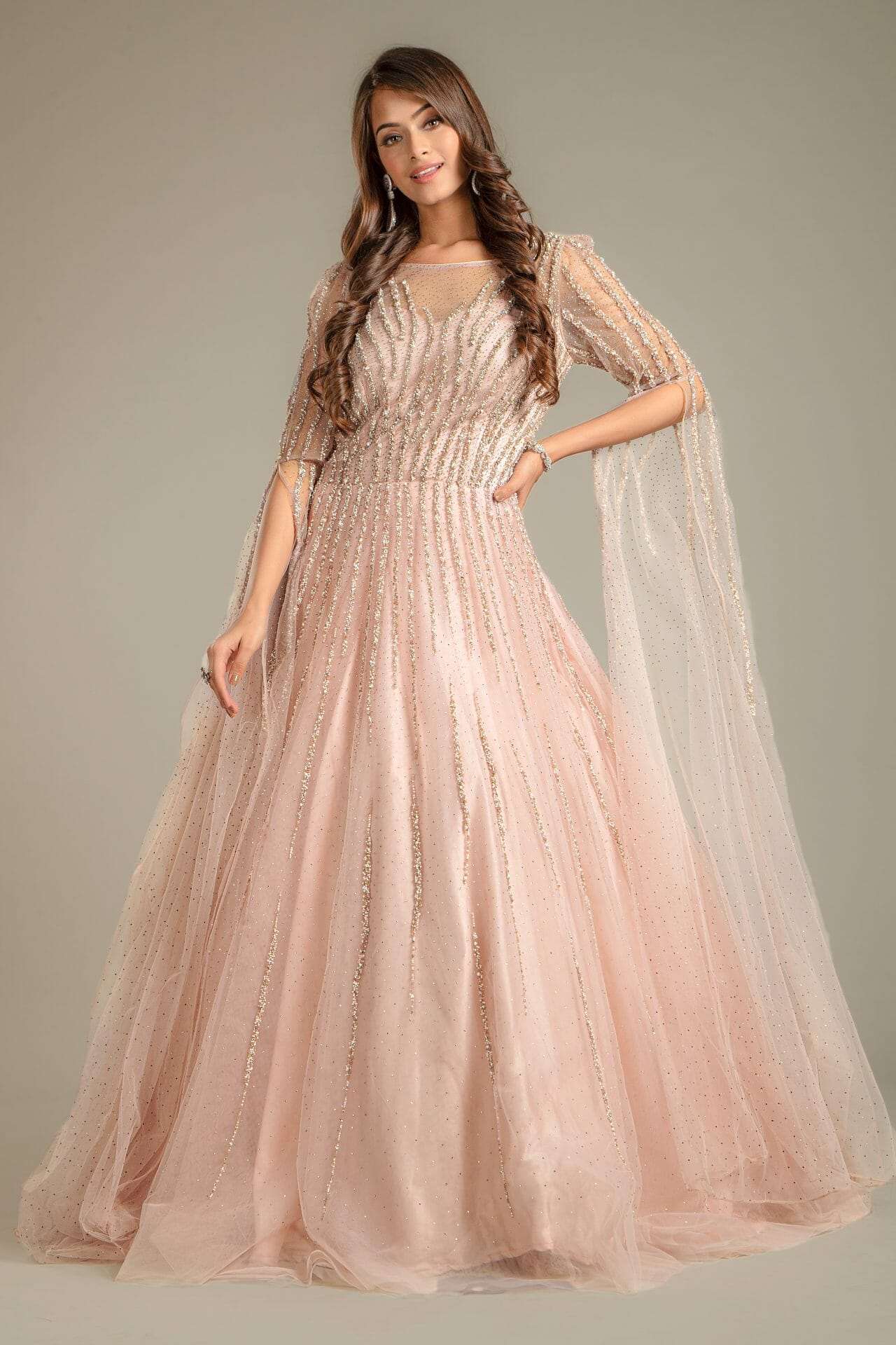 Baby Pink Flared Sleeves Net Gown