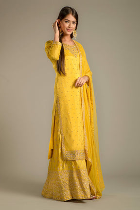 Yellow Colour Embroidered Silk Suit