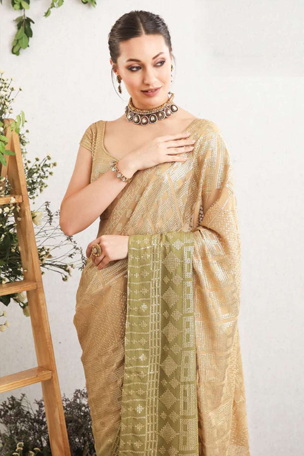 Beige & Pista Ombre Sequins Work Georgette Saree.