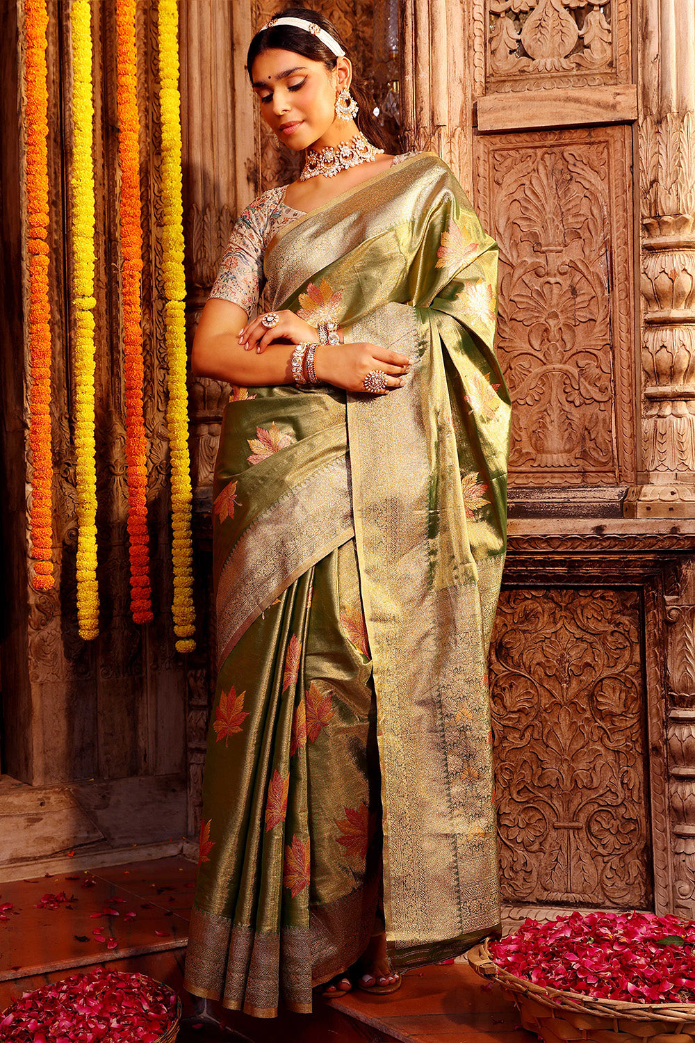 Green Colour Woven Silk Saree