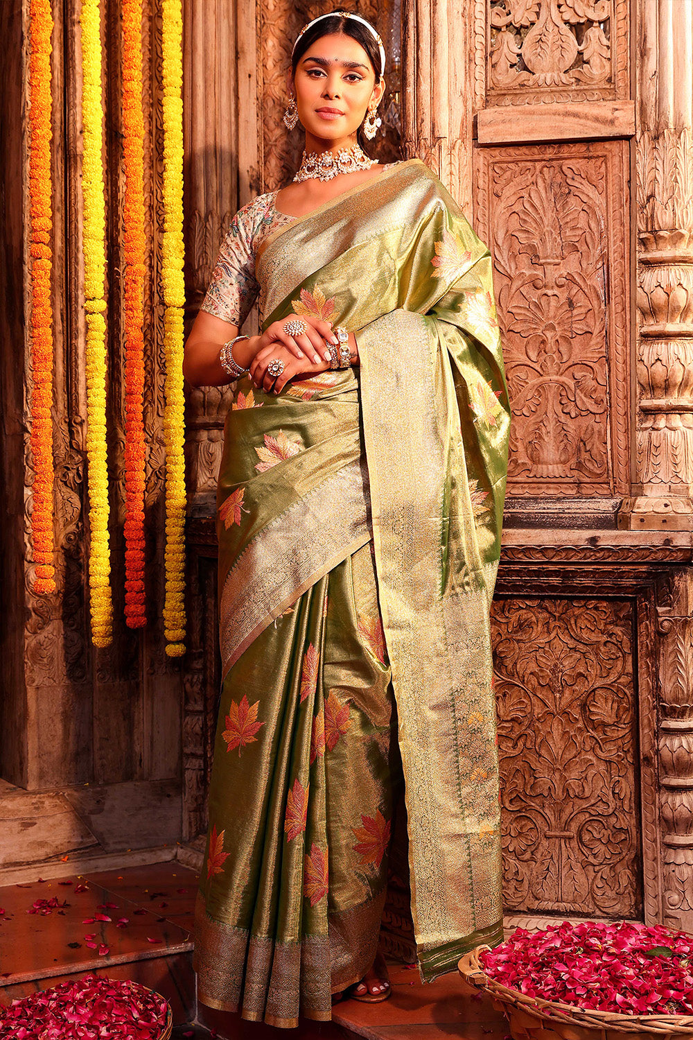 Green Colour Woven Silk Saree