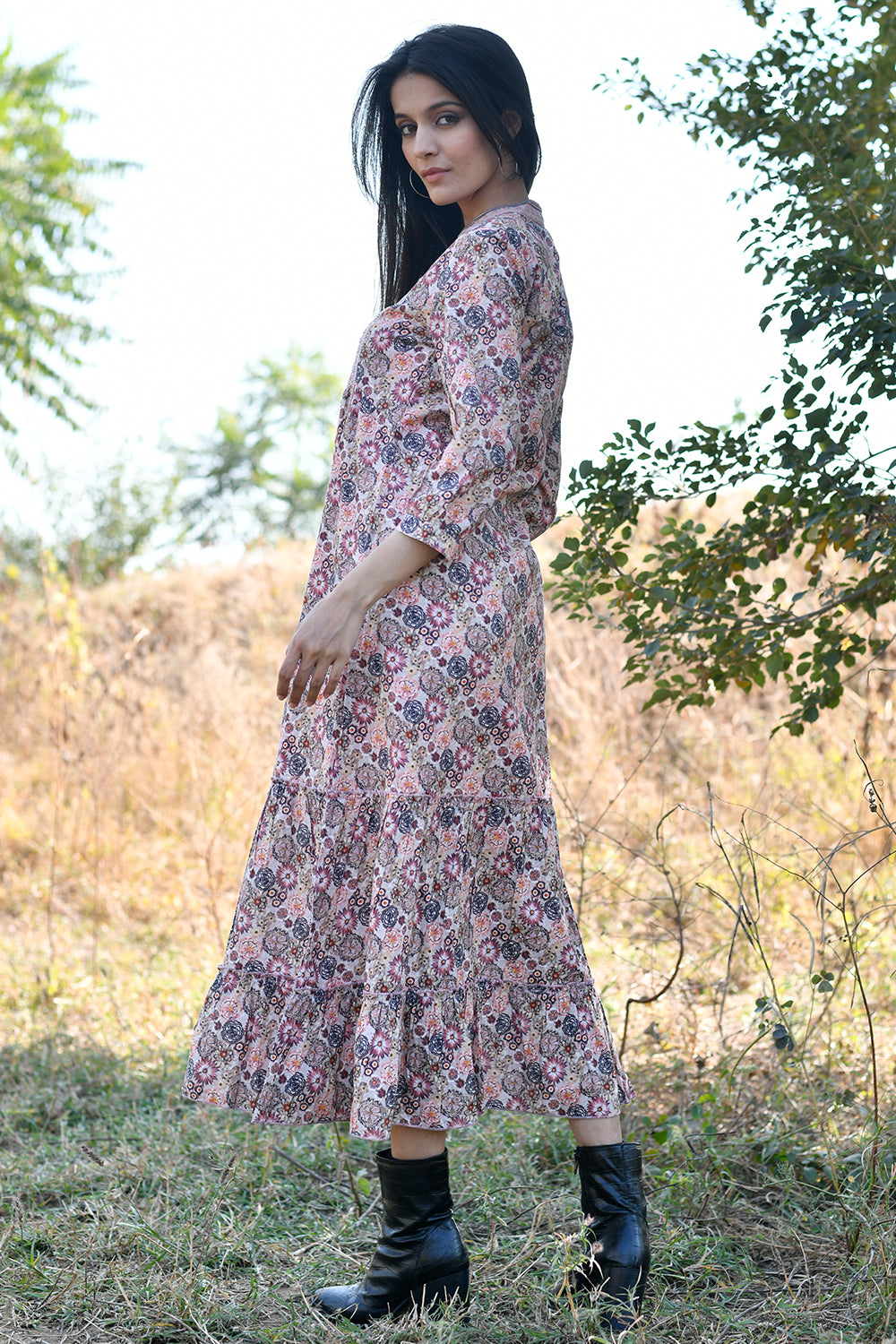 Multi-Colour Cotton Printed Peonies Dress
