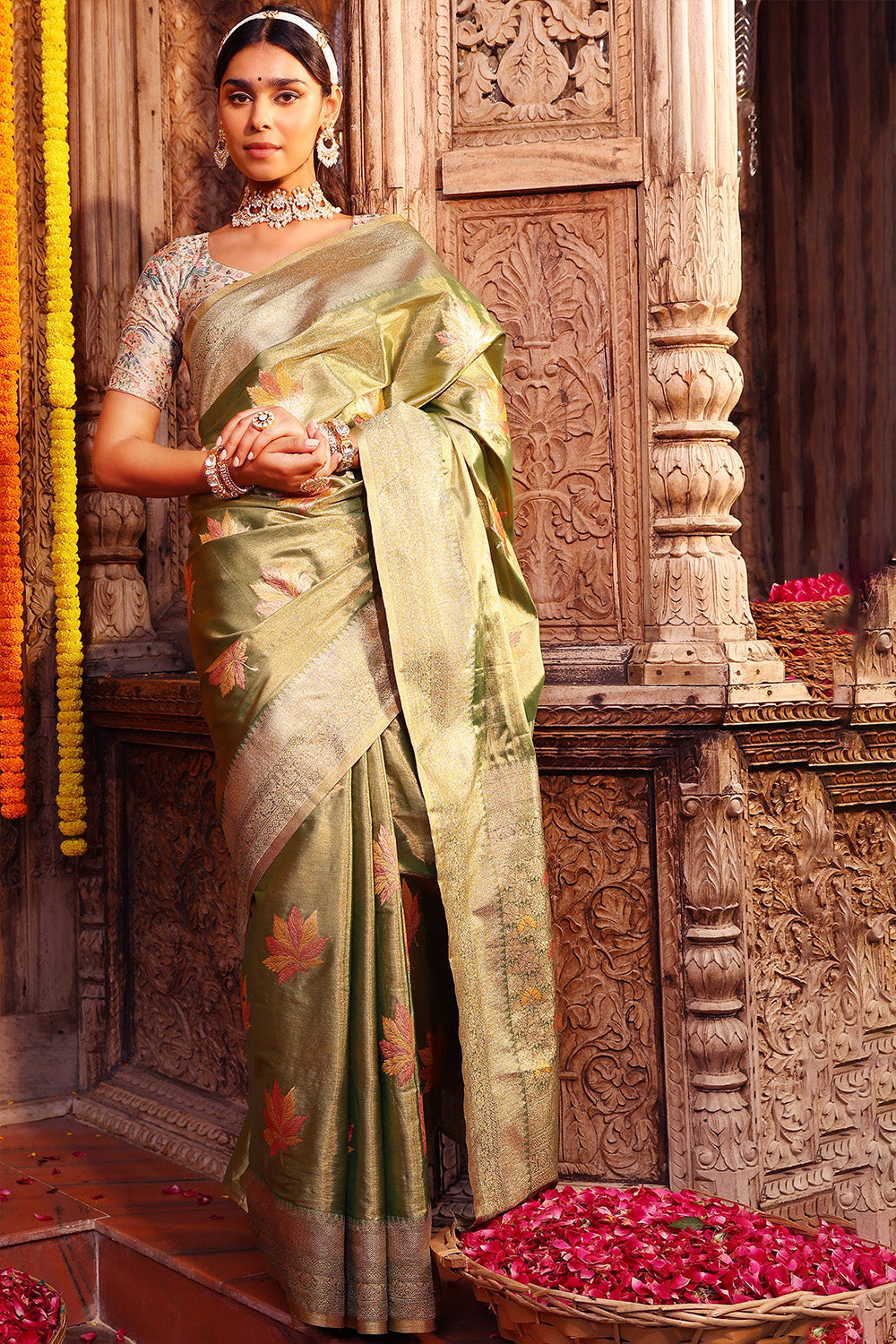 Green Colour Woven Silk Saree