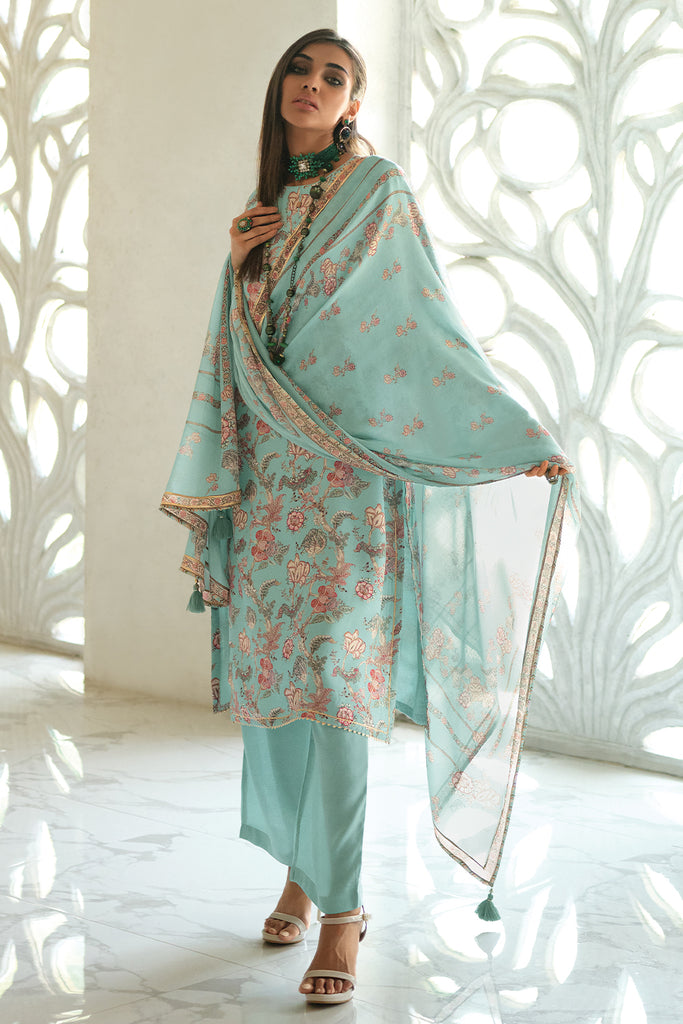 Turquoise Colour Cotton Printed Unstitched Suit Material