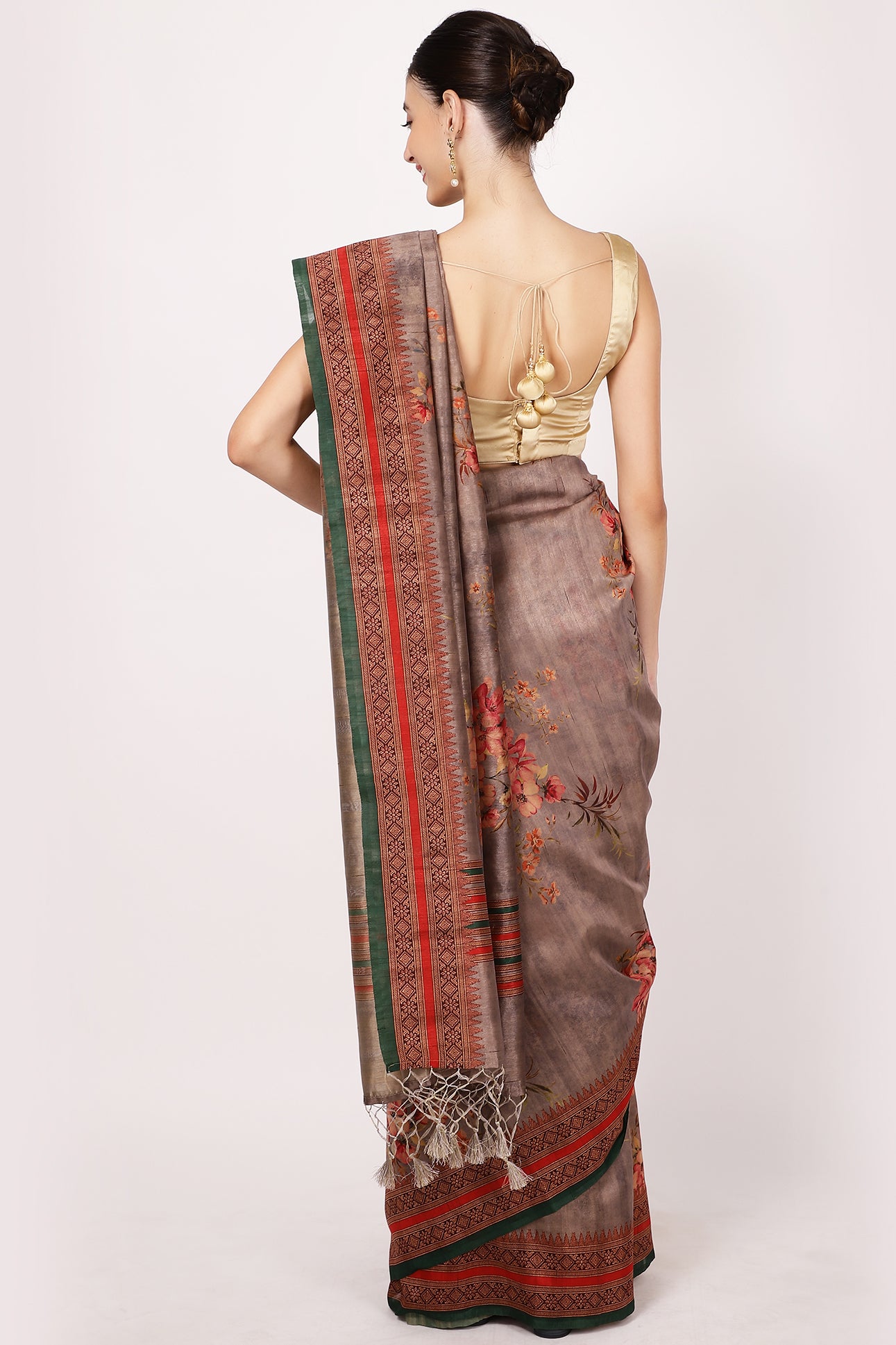 Brown Colour Printed Tussar Silk Saree.
