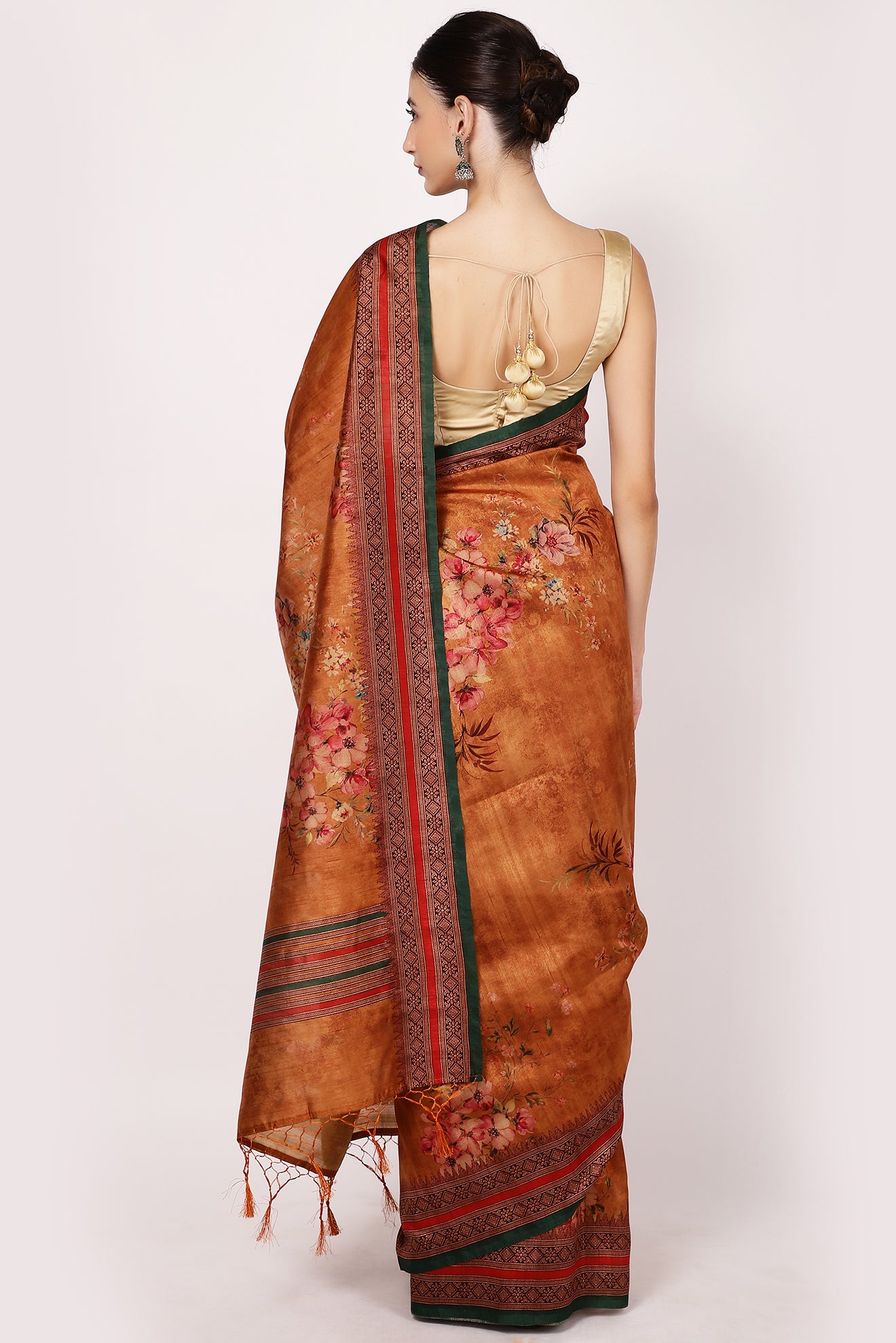 Mustard Colour Printed Tussar Silk Saree.