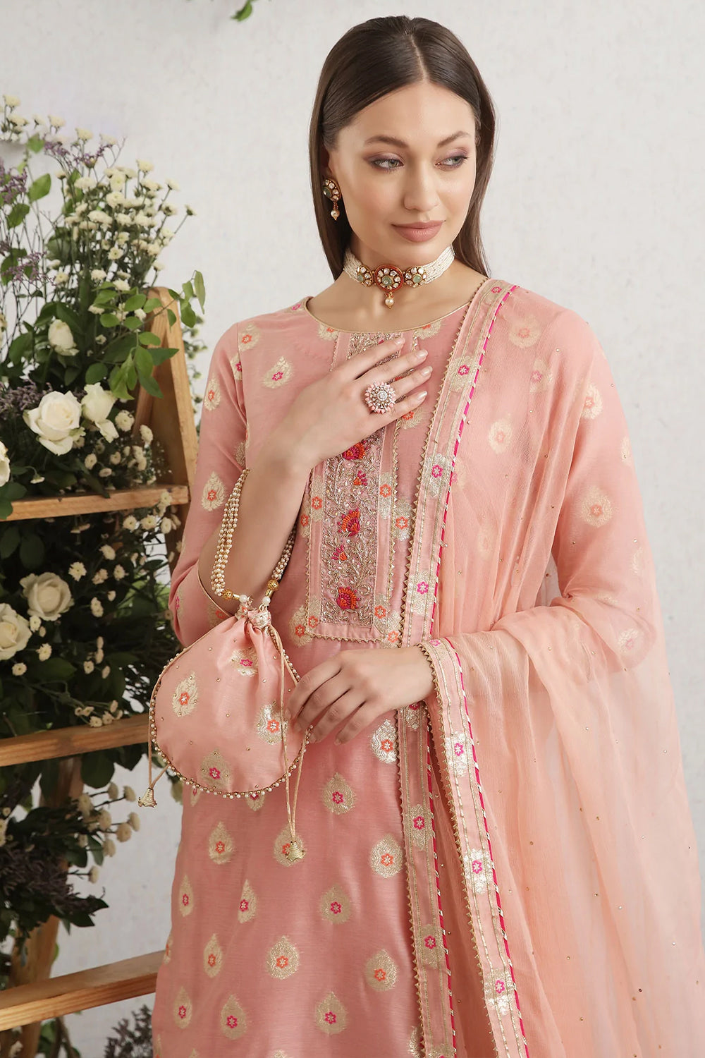 Peach Color Chanderi Woven Suit Material.