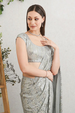 Grey Colour Sequins Work Georgette Saree.