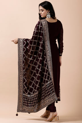 Dark Scarlet Color Organza Embroidered Suit