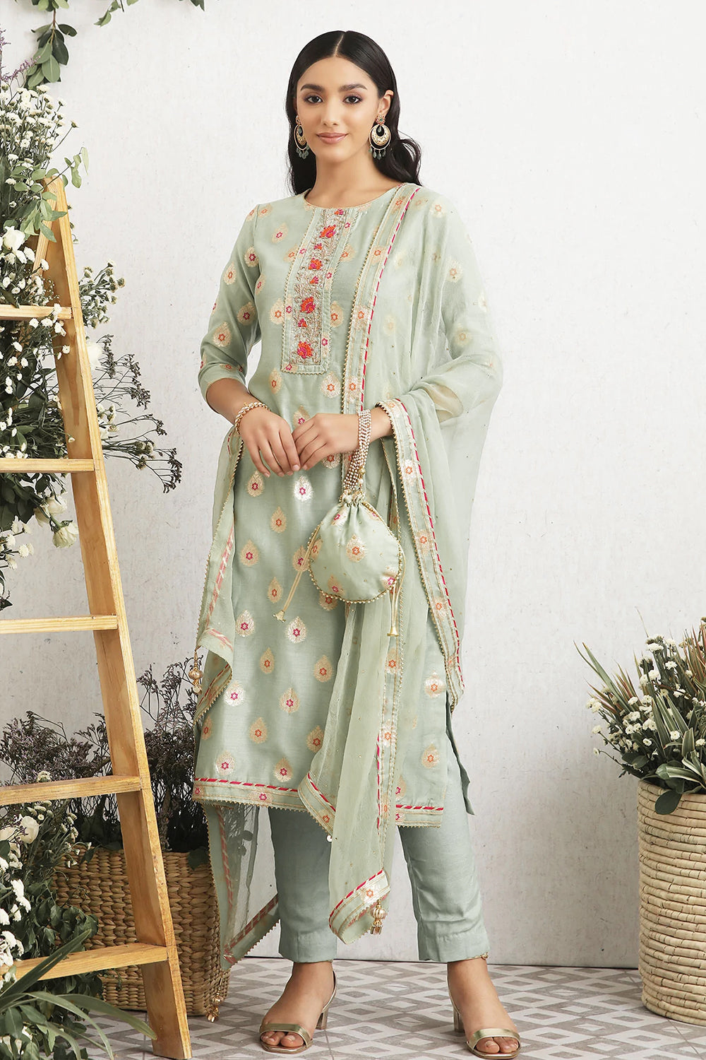 Mint Color Chanderi Woven Suit Material.