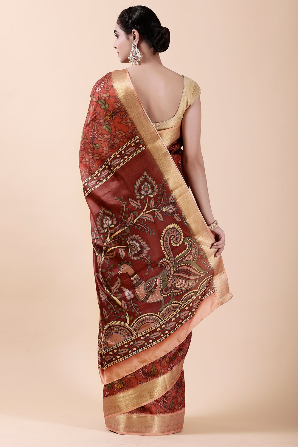 Rust Color Tussar Silk Digital Printed Saree