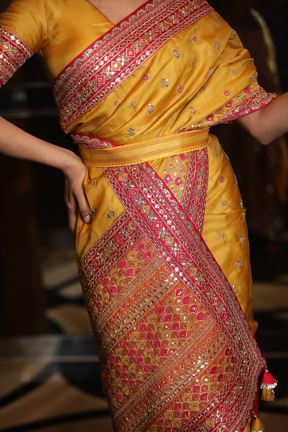 Mustard Colour Embroidery Silk Saree