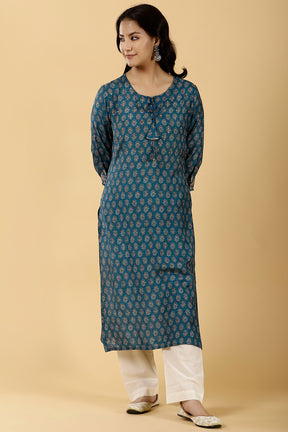 Teal Color Printed Cotton Kurta