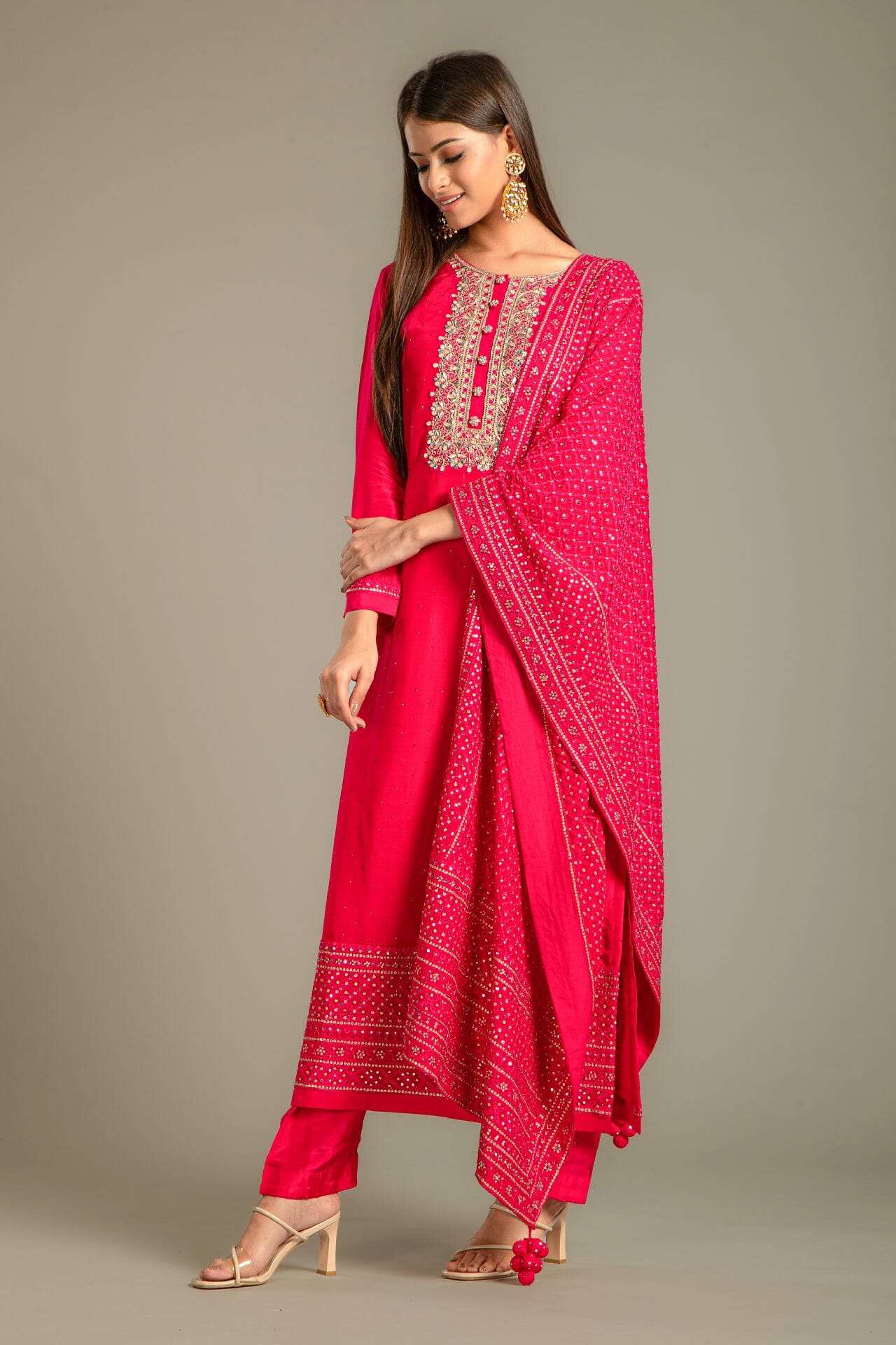 Cherry Red Embroidered Silk Suit With an Unstitched Salwar Fabric