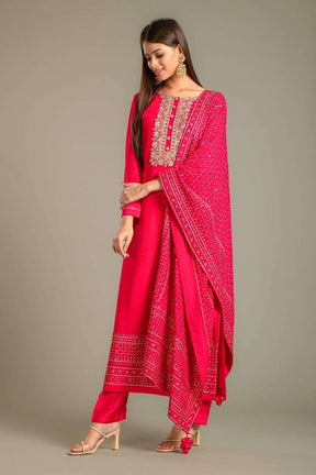 Cherry Red Embroidered Silk Suit With an Unstitched Salwar Fabric