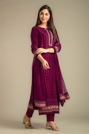 Dark Scarlet Colour Embroidered Silk Suit with Unstitched Salwar Fabric