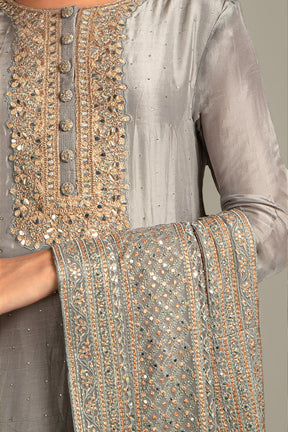 Grey Embroidered Silk Suit Set