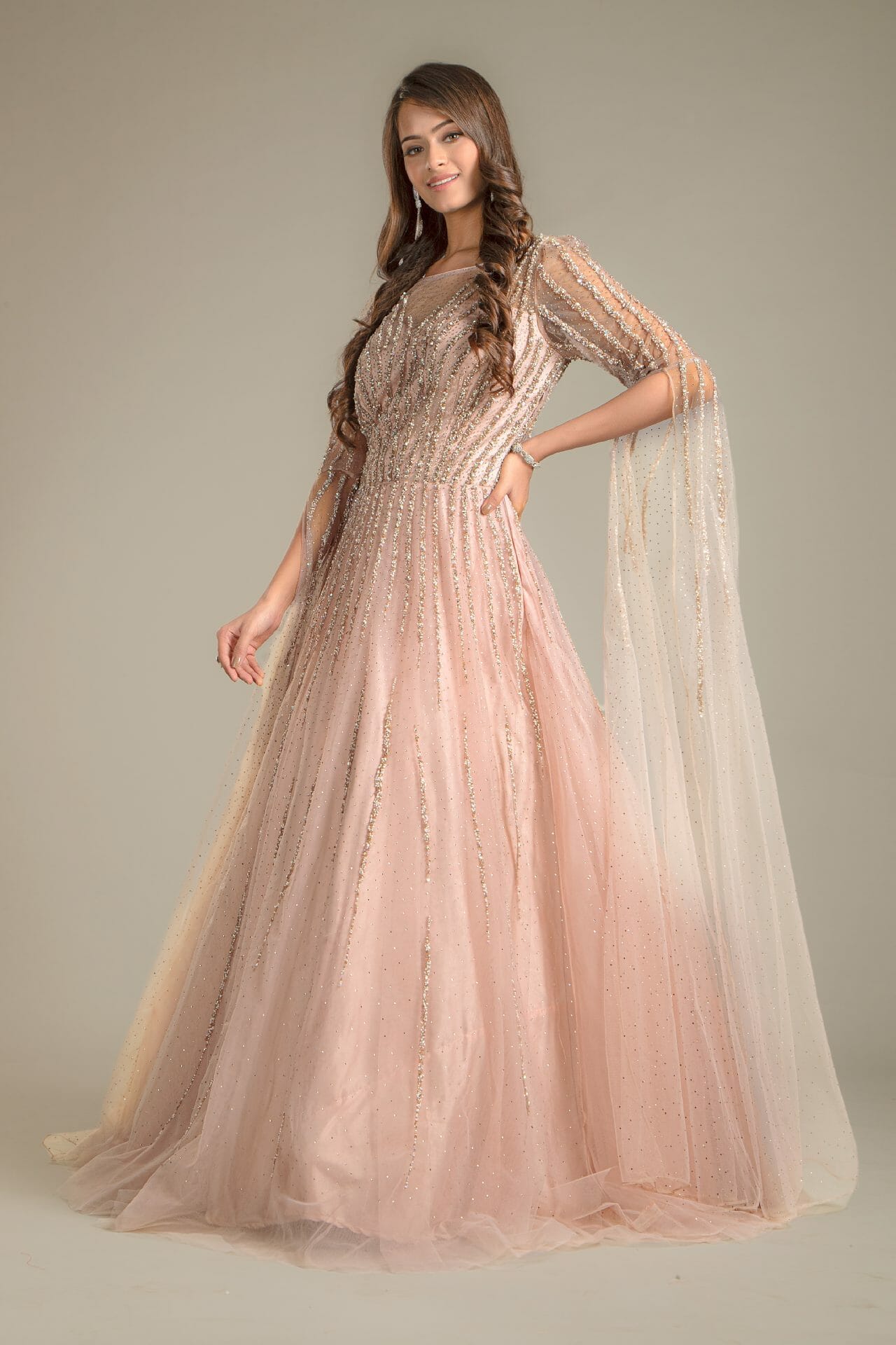 Baby Pink Flared Sleeves Net Gown