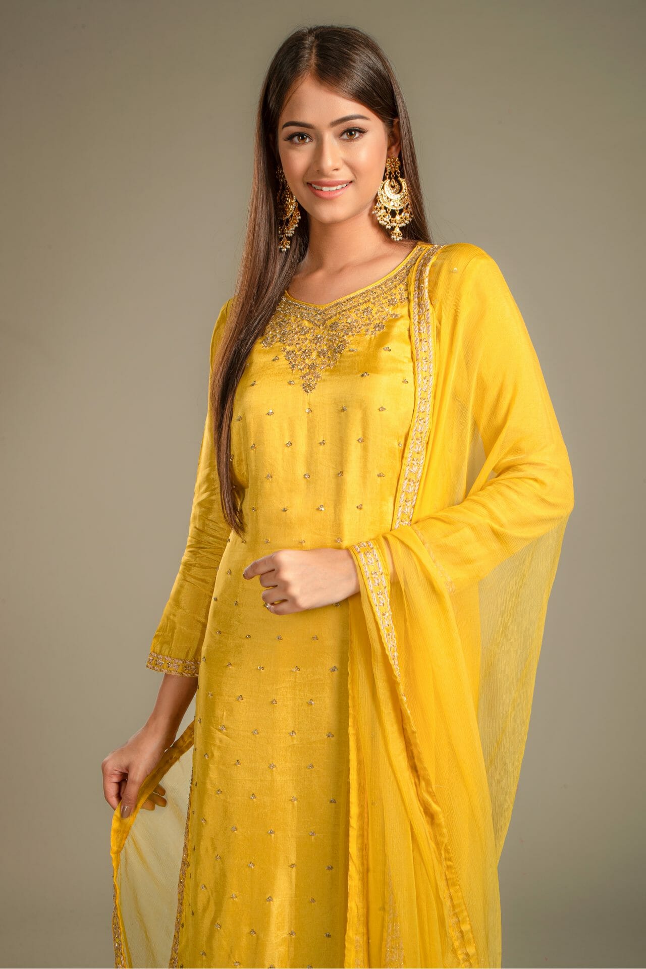 Yellow Colour Embroidered Silk Suit