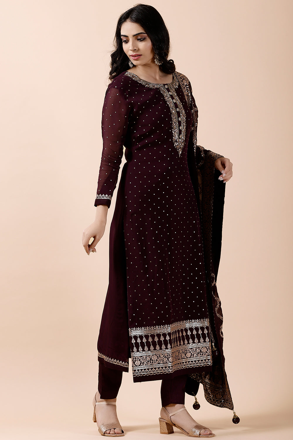Dark Scarlet Color Organza Embroidered Suit