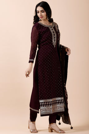 Dark Scarlet Color Organza Embroidered Suit
