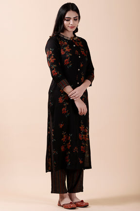 Black Color Cotton Printed Kurti & Pant Set