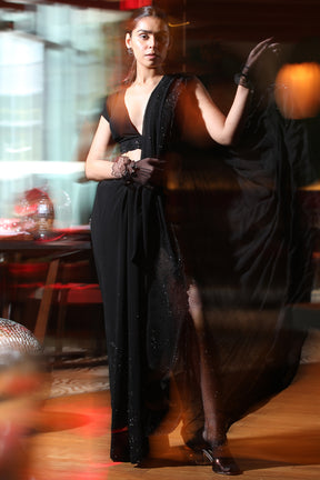Black Color Georgette Saree With Swarovski Work