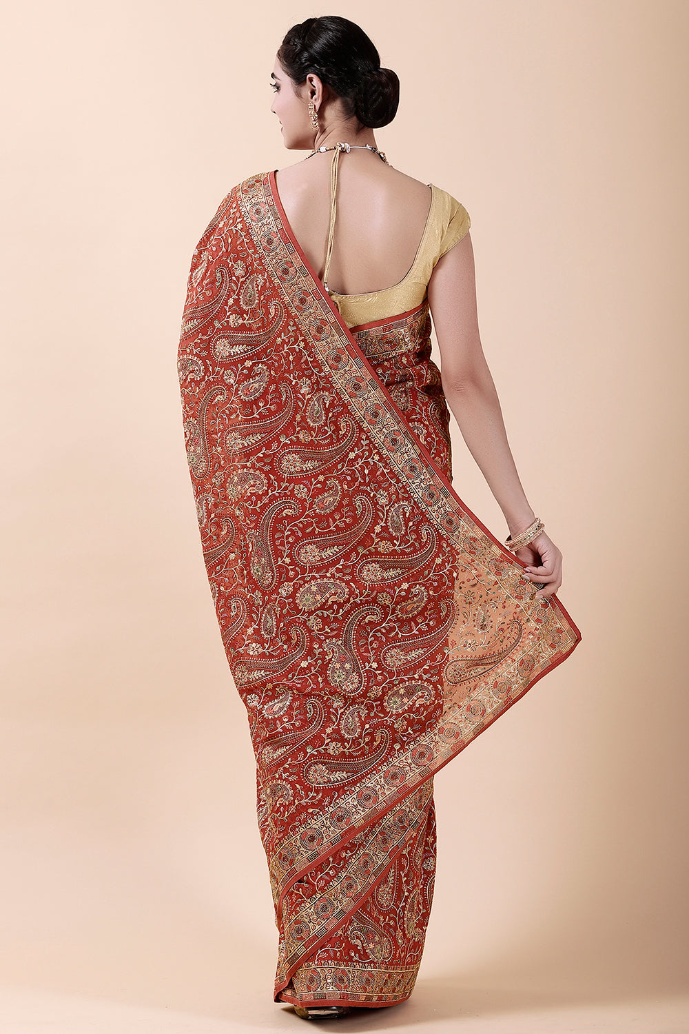 Rust Color Embroidered Saree