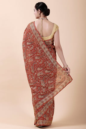 Rust Color Embroidered Saree