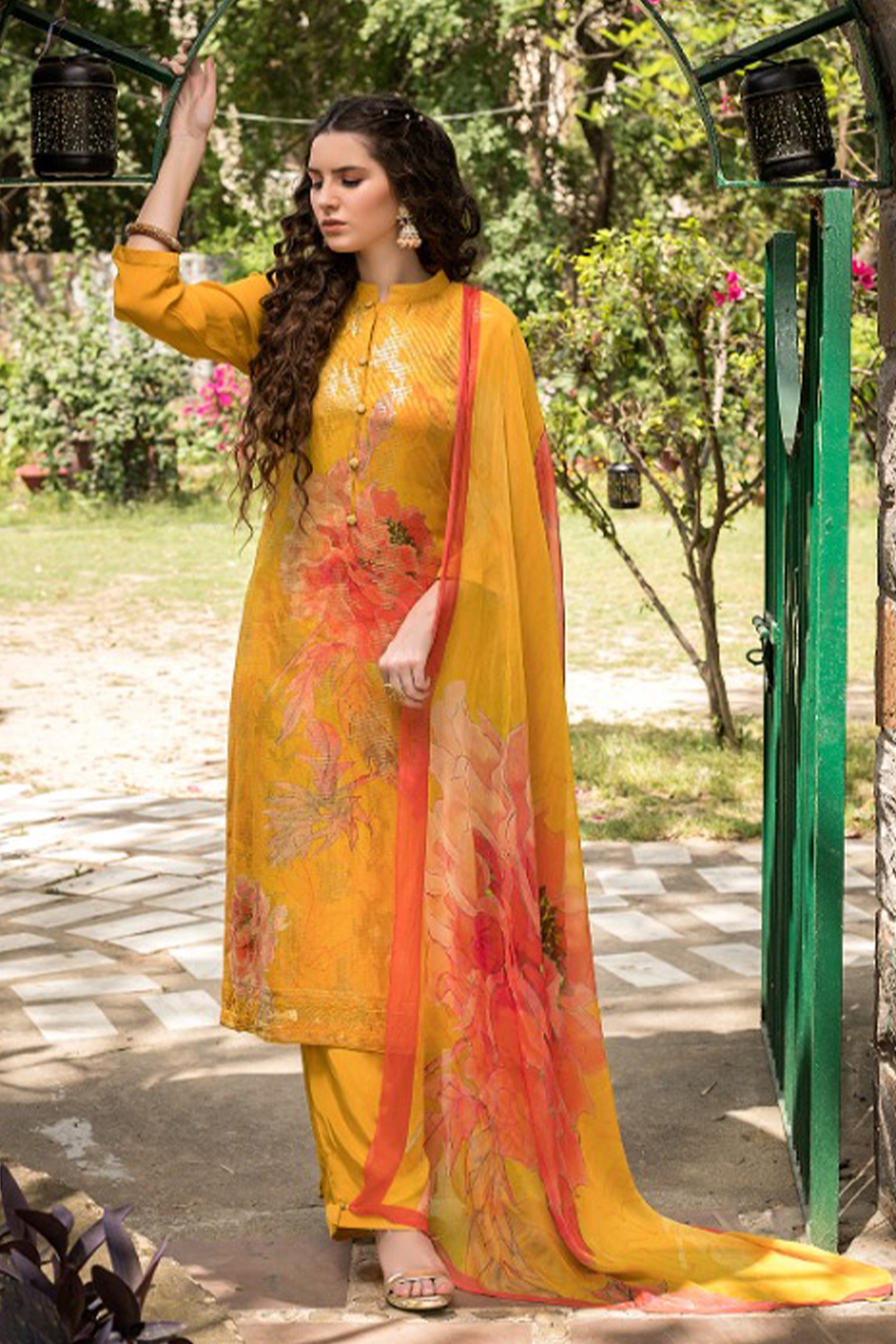 Yellow Color Sequins & Pintuck Unstitched Suit Material