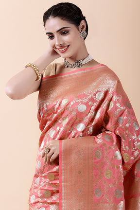 Coral Colour Woven Banarasi Silk Saree