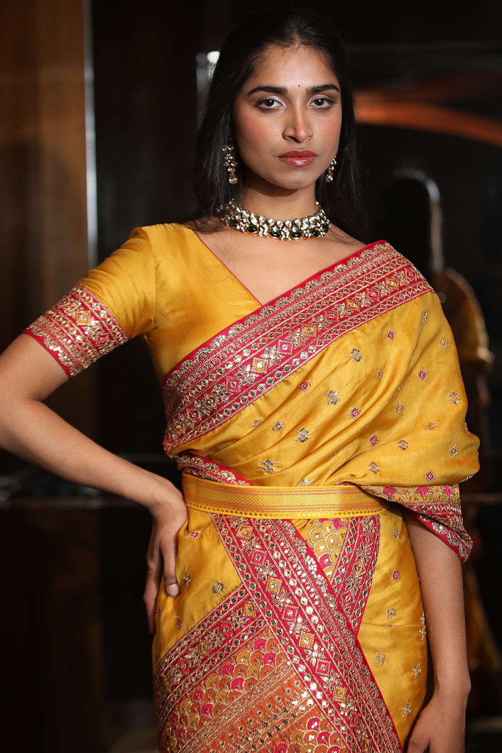 Mustard Colour Embroidery Silk Saree