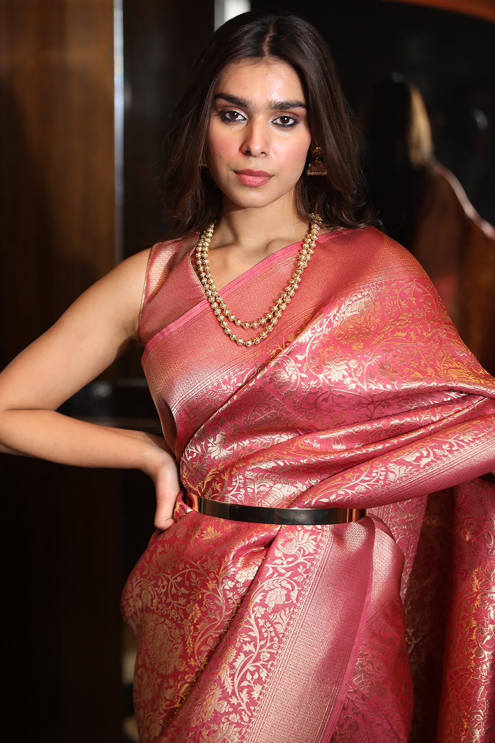Coral Pink Color Weaving Silk Saree.