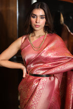Coral Pink Color Weaving Silk Saree.
