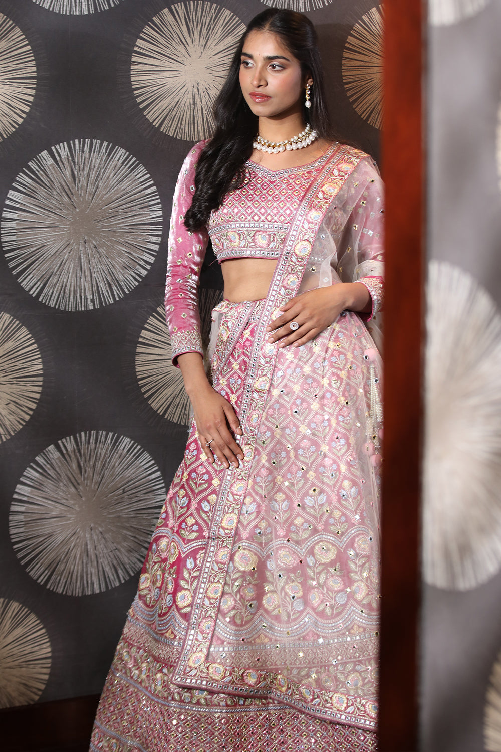 Fuchsia Pink Organza Embroidery Unstitched Lehenga