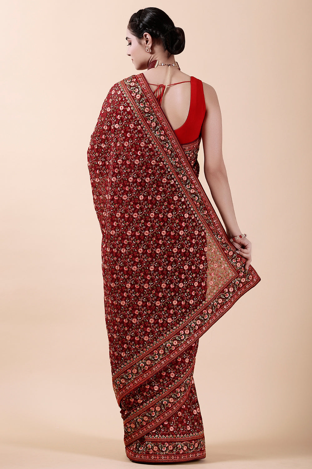 Drak Scarlet Color Embroidered Georgette Saree