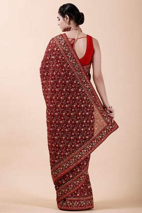 Drak Scarlet Color Embroidered Georgette Saree