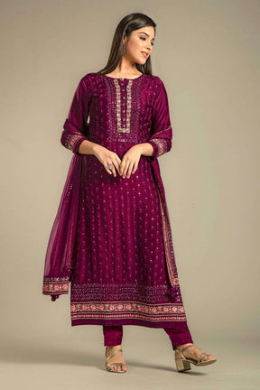 Dark Scarlet Colour Embroidered Silk Suit with Unstitched Salwar Fabric