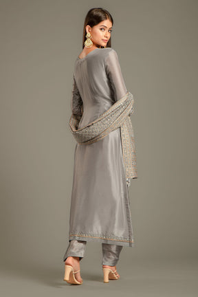 Grey Embroidered Silk Suit Set