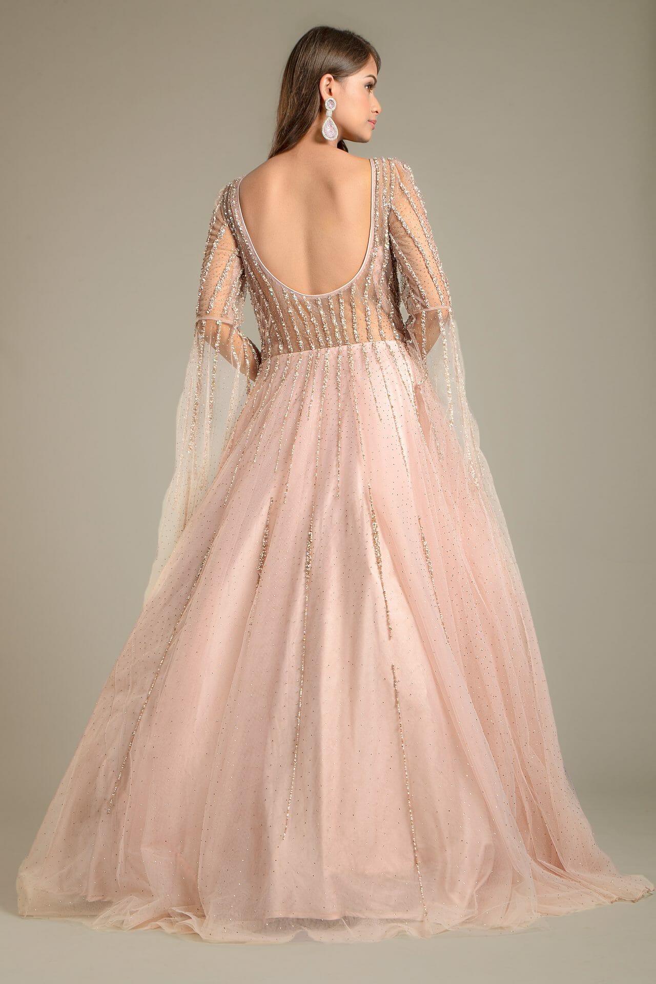 Baby Pink Flared Sleeves Net Gown