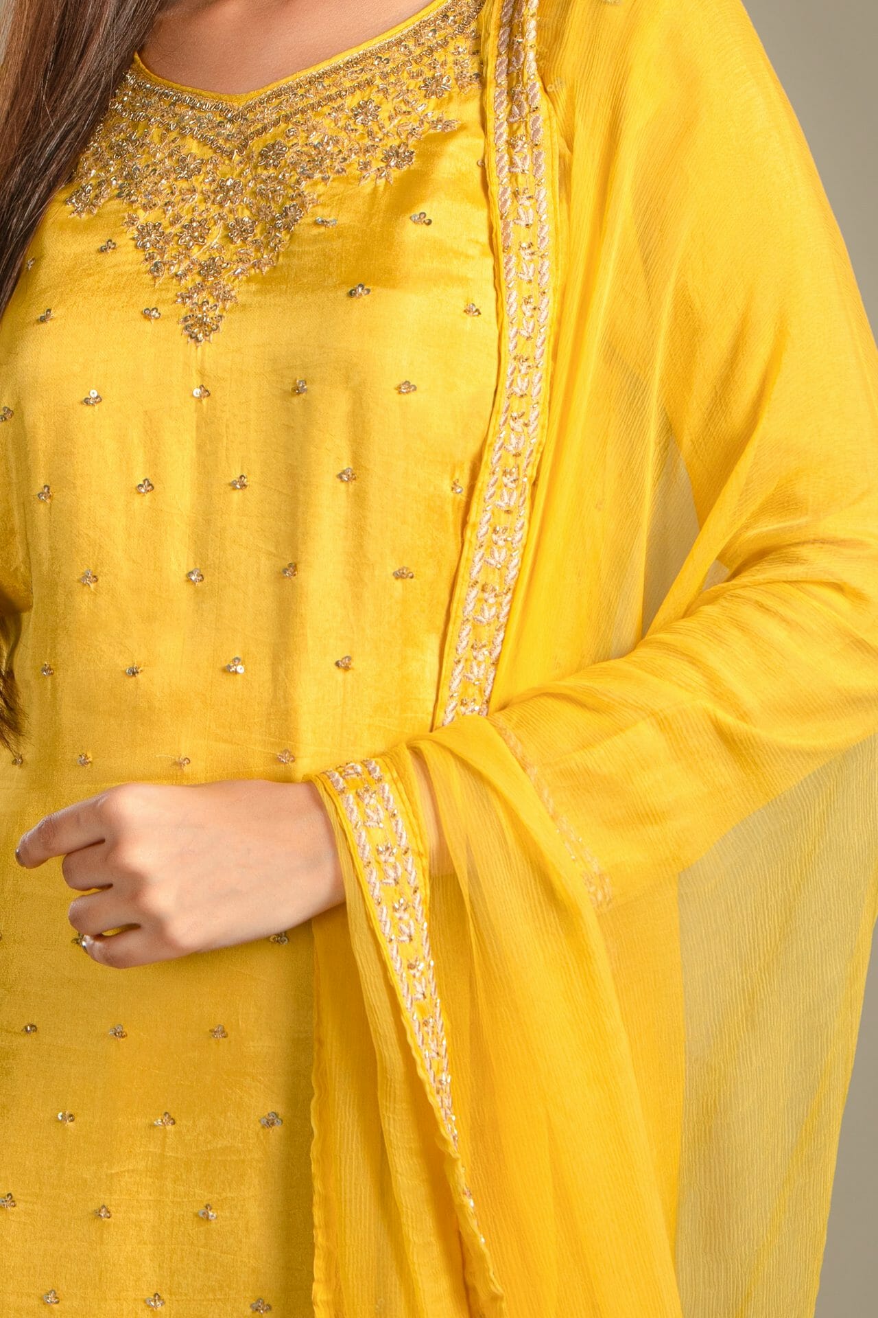 Yellow Colour Embroidered Silk Suit