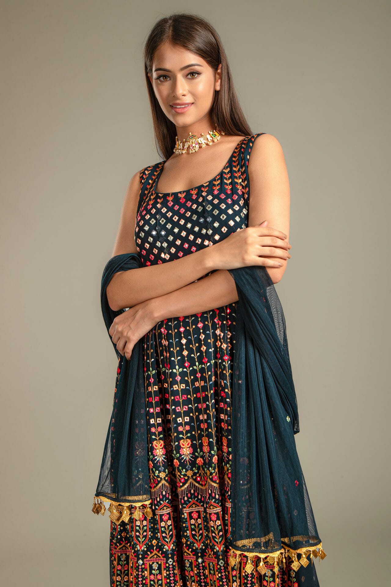 Navy Colour Georgette Anarkali Gharara Suit.