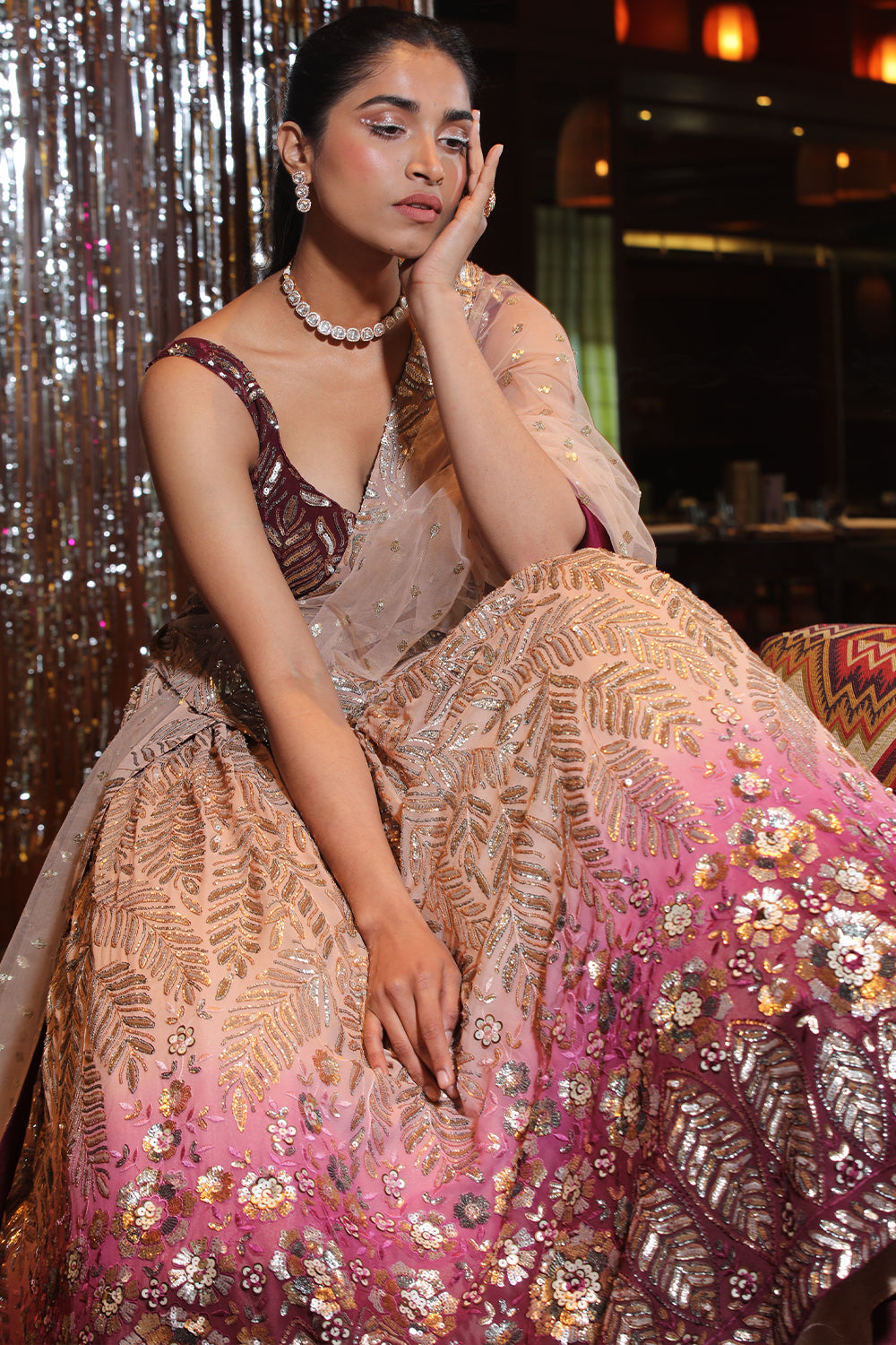 Beige and Wine Ombre Color Georgette Lehenga