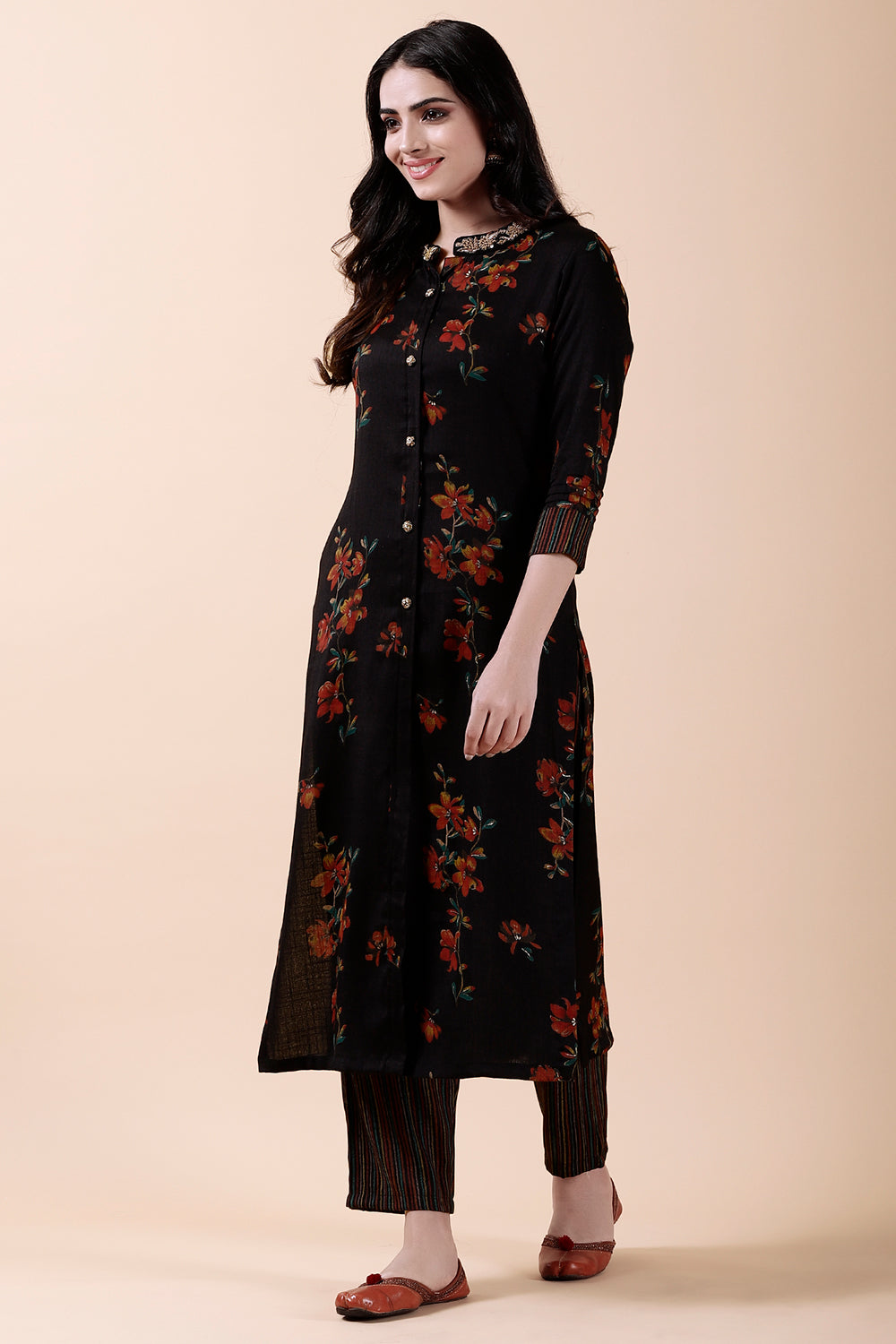 Black Color Cotton Printed Kurti & Pant Set