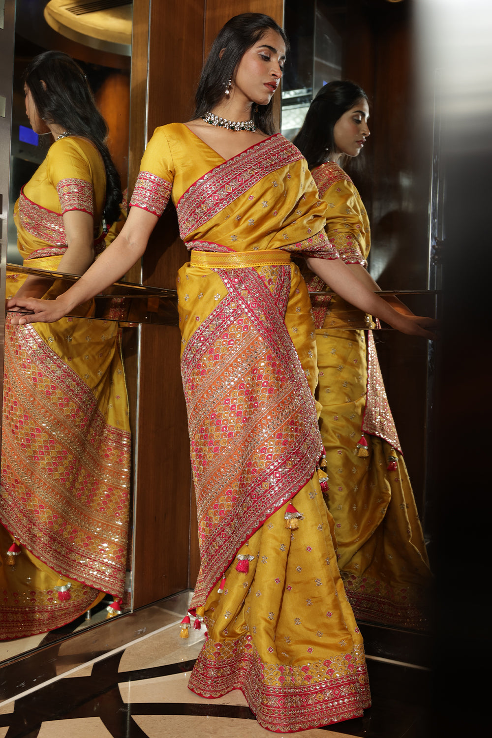 Mustard Colour Embroidery Silk Saree