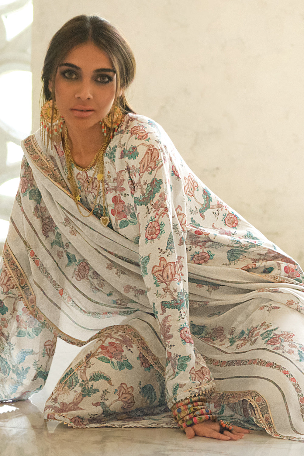 Cream Colour Cotton Printed Unstitched Suit Material