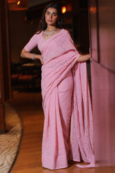 Pink Colour Thread Work Saree.